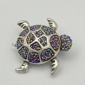 VTG Blue AB Turtle Pave Encrusted Silver Tone Brooch Pin Laila Rowe Signed Star
